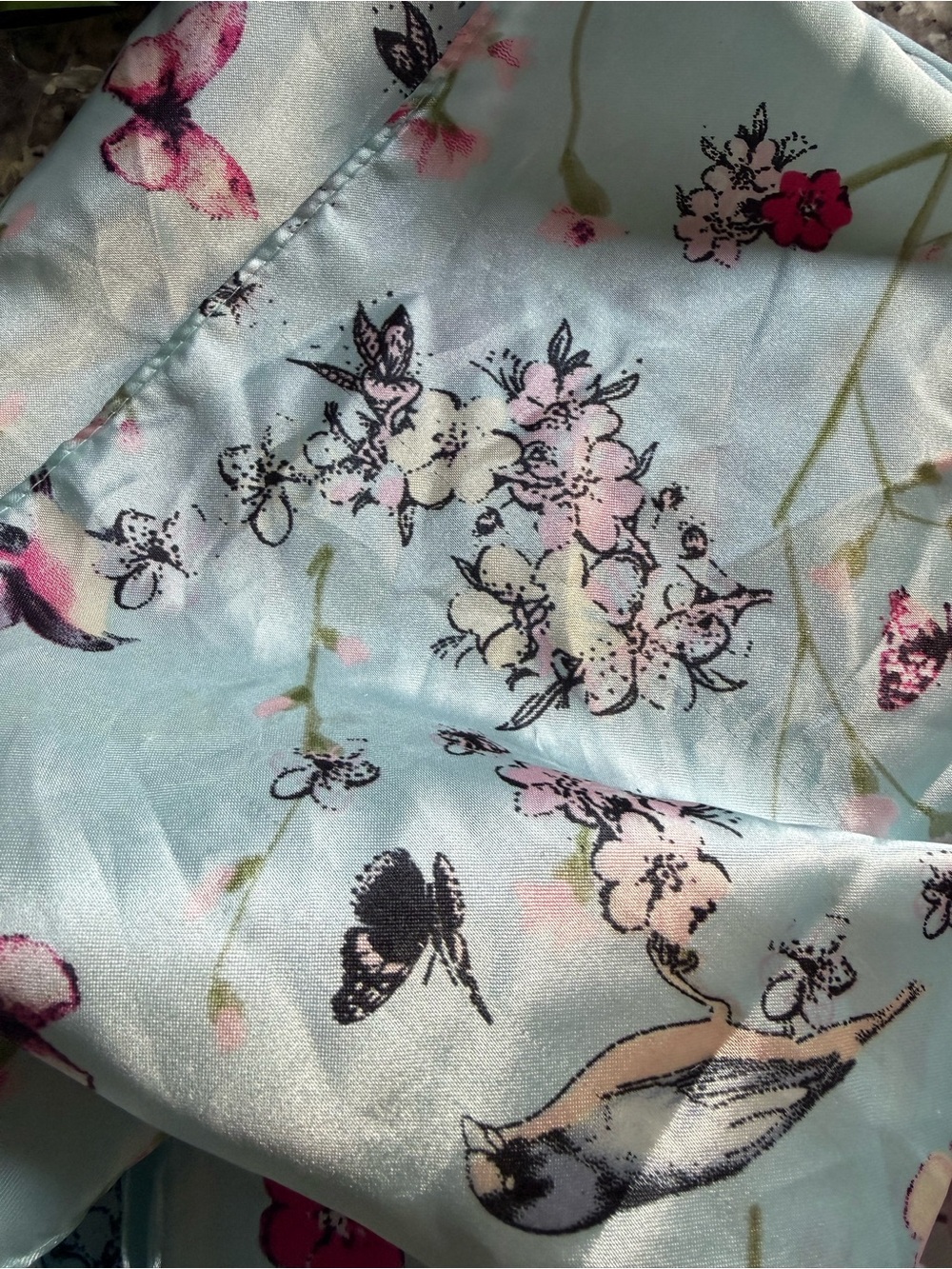 Forever 21 Light Blue Floral & Bird Satin Scarf
